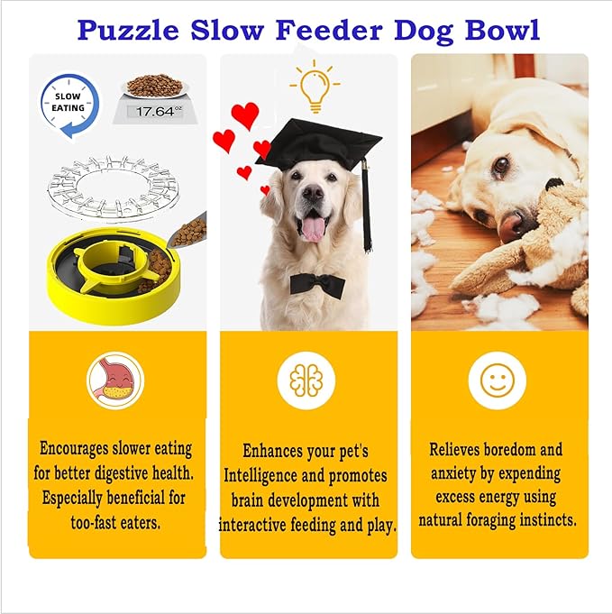 Awesome Puzzle Slow Feeder Dog Bowl; Prevents & Relieves Anxiety & Boredom! Better Digestion Leads to a Happier & Healthier Pet. Wonderful Enrichment Puzzle