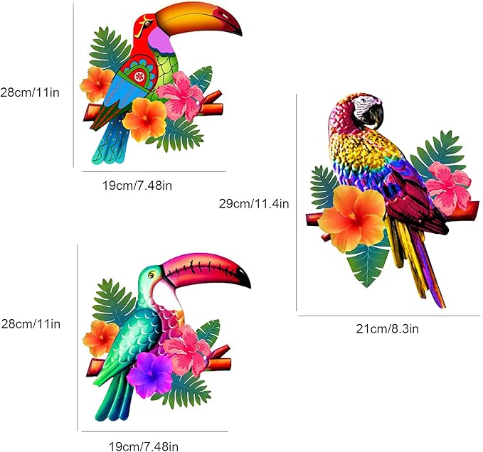 Meduofon 3 Pack Metal Birds Wall Art Decor, Beautiful Parrot Toucan Outdoor Wall Decor for Patio Wall Fence Deck Garden Home Balcony Tropical Bird Macaw Wall Sculpture Hanging for Indoor Outdoor