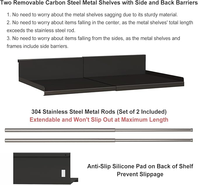 Expandable Under Cabinet Shelf Organizer with 0.94-Inch Thick Clips, Heavy Duty Extendable Under Shelf Storage Basket for Pantry or Laundry Room, Black, 1 Pack, Interior: 5.7" H x 7.2" D