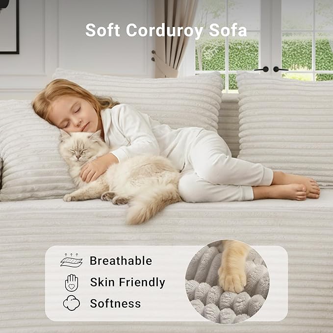 Claiks 110" Boneless Couch, Cloud Couch Sectional, L-Shape Corduroy Modular Sectional Sofa Deep Seat, Upholstered Couches for Living Room, No Assembly Required, Beige, Left Facing Chaise