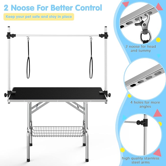 Lyromix 36''Large Dog Grooming Table, Adjustable Cat Drying Desktop with Arms, Nooses, Mesh Tray, Foldable Pet Station at Home, Maximum Capacity Up to 330Lb, 36inch, Black