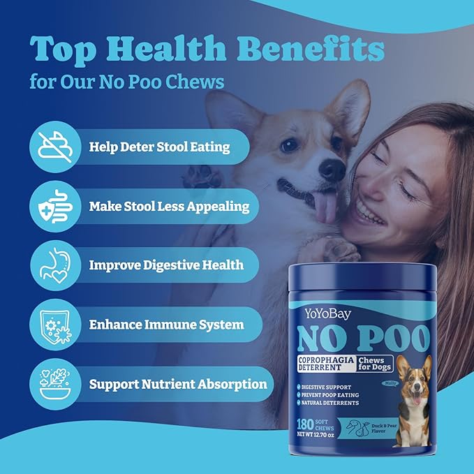No Poo Chews for Dogs, Coprophagia Deterrent, Stool Eating Deterrent - with Probiotics, Fiber Blend, Natural Deterrent - Digestive Health & Immune Support - 180 Soft Chews, Duck & Pear Flavor