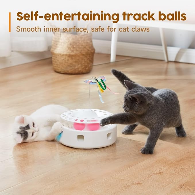 Cat Toys - 3 in 1 Interactive Automatic Kitten Toy, Fluttering Butterfly, Mobile Ambush Feather, Ball Track, Dual Power Sources, USB Powered, for Exercise, white