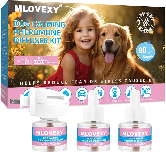 Dog Pheromones Calming Diffuser, 4 in 1 Kit Dog Calming Diffuser to Relieve Stress,Calming Diffuser for Dogs to Reduce Aggression Fighting Barking (3 Refills,1 Diffuser and 90 Days)