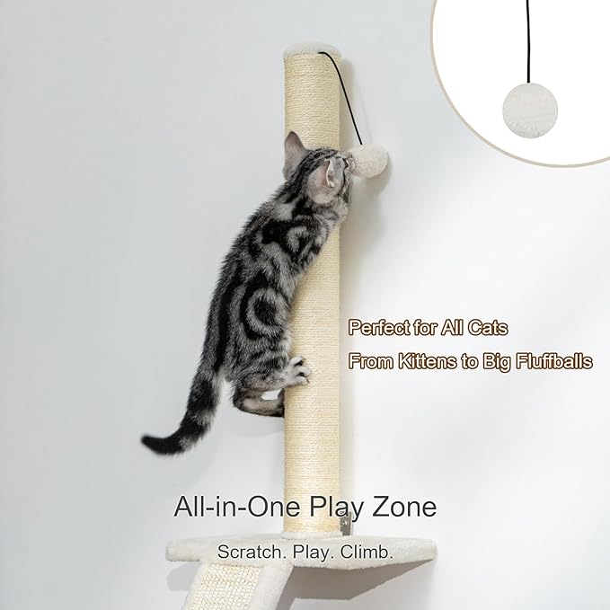 Wall-Mounted Cat Scratching Post – Space-Saving Sisal Scratcher with Ramp & Perch, Heavy-Duty Screw Mount for Stability, Protects Furniture, Ideal for Small Apartments & Large Cats, Beige