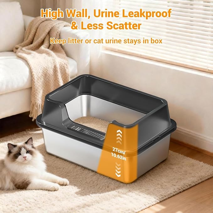 Enclosed Stainless Steel Cat Litter Box with Lid, XL Extra Large Litter Box for Big Cats, Metal Litter Pan High Sided, Never Absorbs Odors, Anti-Urine Leakage, Easy Cleaning, Include Scoop