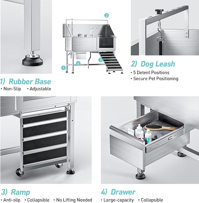 56" Professional Dog Washing Station, 304 Stainless Steel Pet Grooming Tub with Removable Ramp, 1.0mm Thick Anti-Rust Bath Tub, Adjustable Height & Detachable Faucet Kit for Dogs & Cats(Right Ramp)