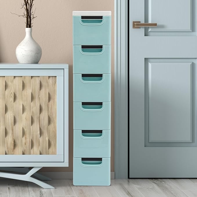 6 Drawers Plastic Storage Cabinet, Mobile Slim Utility Cart on Wheels, for Narrow Space Office Classroom Bedroom Bathroom (Blue)