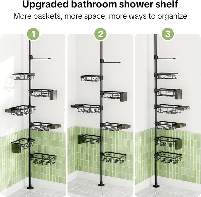Shower Tension Rod Organizer, 6 Tier Rustproof Corner Shower Caddy Tension Pole with Soap Holder & Hooks, Adjustable 30-121 Inch Bathroom Shelf for Renters - Family Stand Storage Rack, Black