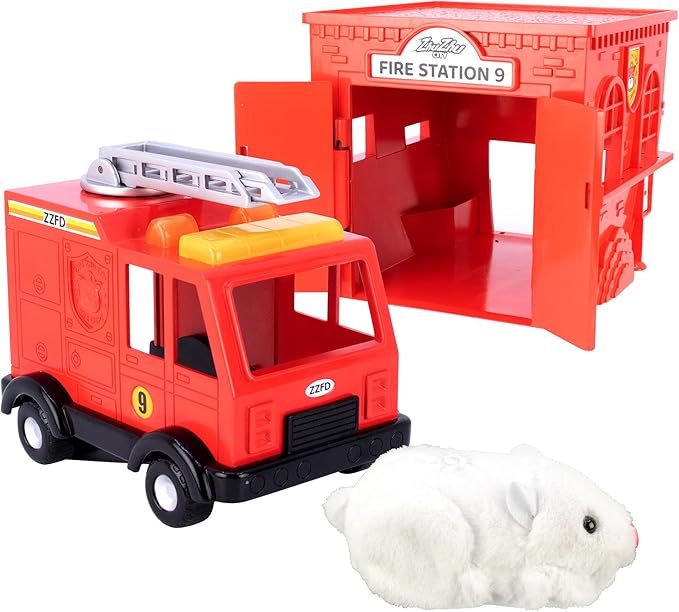 ZhuZhu City Fire Truck & Fire Station Toy with Electronic Hamster Chunk – Interactive Pet with 40+ Sounds & Sirens – Pets Without The Mess – Gift for Kids Ages 4+