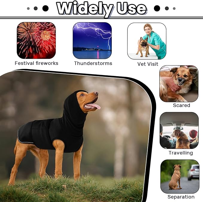 IDOMIK Dog Anxiety Calming Hoodie,Breathable Dog Anxiety Jacket Vest Coat for Thunderstorms,Fireworks,Vet Visits,Separation,Adjustable Pet Hoodies for Noise Block&Ear Protection Recovery,Black,3XL