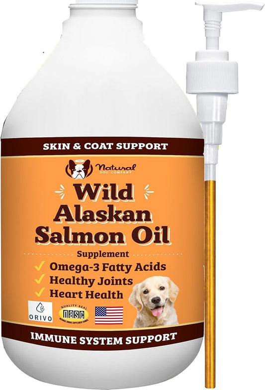 Natural Dog Company Wild Alaskan Salmon Oil Formula with Omega 3, Fish Oil for Dogs Supplement, Skin & Coat Dog Oil, Itchy Relief, Immune Support for Joints & Heart, Food Topper, 64 oz