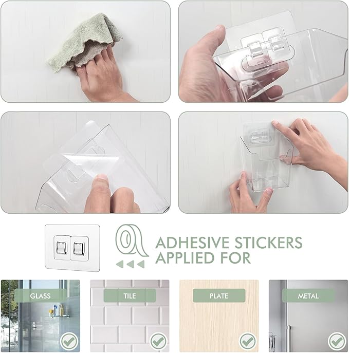 Clear Adhesive Wall Storage Bins, 4 Pack Cabinet Door Organizer Holders, Hanging Wall Mount Pockets, Plastic Cups for Shower Bathroom Makeup Office Craft Remote Kitchen Sink RV Organization (Large)
