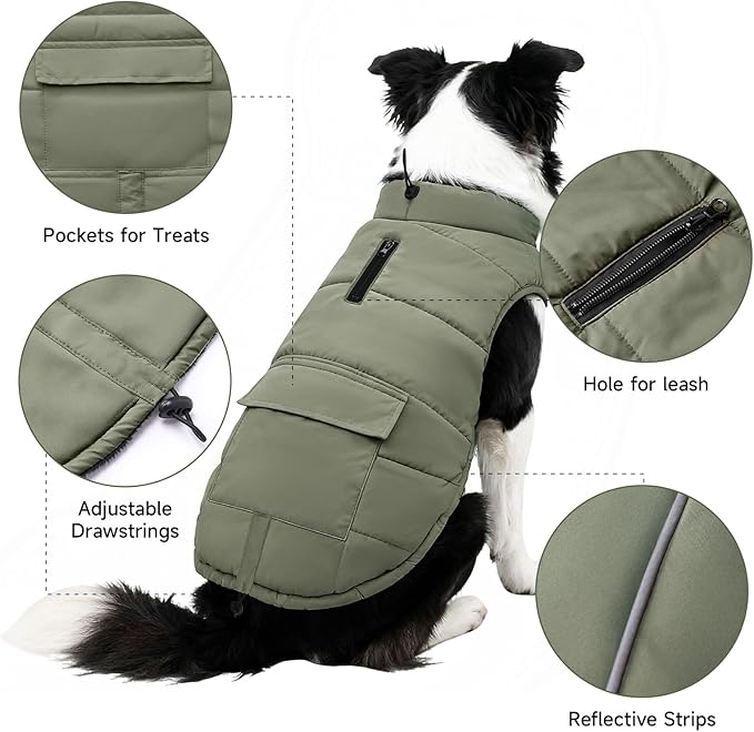 Dog Winter Coat - Waterproof Cold Weather Coat with Thick Padding, Windproof Dog's Snow Jacket with Neck & Tail Drawstrings, Reflective Puppy Jacket - Small Dog Coats, Olive Green XXL