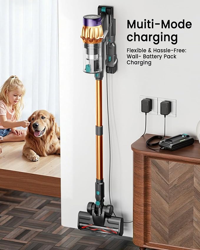 Cordless Vacuum Cleaner 650W 55KPA 60 Mins Vacuum Cleaners for Home, Powerful Stick Vacuum Green Light Anti-Tangle & Sofa Brush, Rechargeable Wireless Vacuum for Pet Hair/Carpet/Hardwood Floor, Gold | cordless stick, handheld, lightweight, rechargeable...