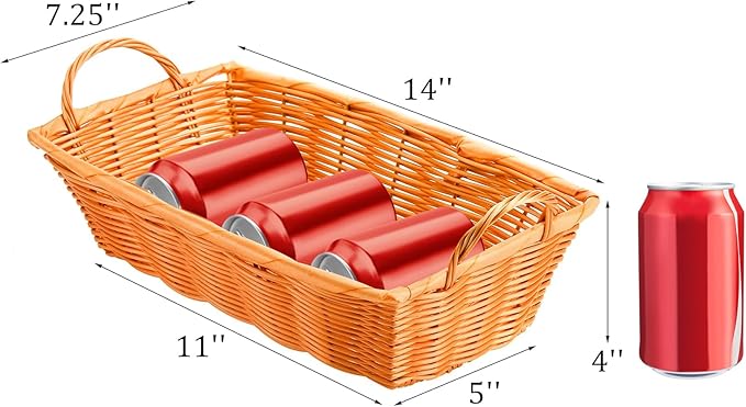 Yesland 6 Pcs Poly Wicker Bread Basket with Handle, 14 Inch Rectangular Imitation Rattan Fruit Storage Baskets - Stackable Empty Gift Basket for Vegetables, Food Serving, Display, Outdoor, Orange