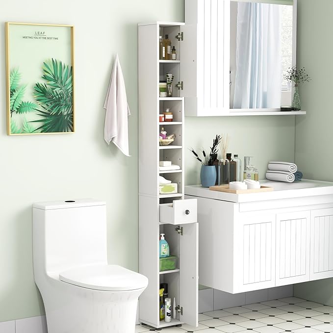 HOMGX 71” Tall Bathroom Storage Cabinet, Freestanding Linen Floor Cabinet with Drawer, Doors & Adjustable Shelves, Narrow Slim Cabinet for Living Room, Entryway, Small Spaces (White)