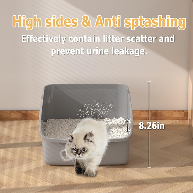 Large Cat Litter Box with High Side Cat Litter Pan Boxes for Indoor Cats Kitty Litter Box with Low Entry Open Top Entrance Anti-Splashing(Grey)