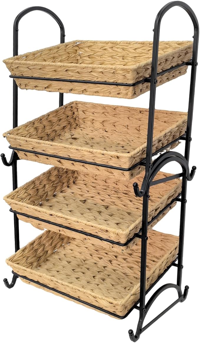 2-Tier Plastic Rattan Wicker Storage Basket with Metal Frame, Countertop Organizer Shelf for Kitchen, Bathroom, Pantry, Fruit, Vegetables, Snacks, Toiletries|Coffee Capsule, Coke,Can Rack