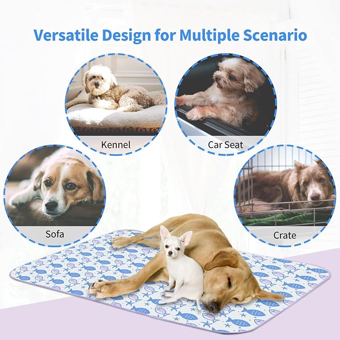 NWK Pack of 4 Pet Cooling Mat for Large Dogs -Q-Max>0.345 Ice Silk Cooling Mat for Dogs & Cats Portable & Washable Pet Cooling Blanket for Summer (4pcs, Purple Fish, 39'' X 27'' X 0.3'')