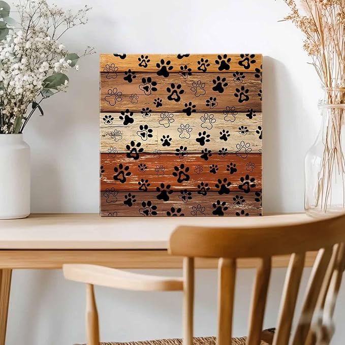 Framed Canvas Wall Art for Living Room Dog Paw Print Wall Decor, Retro Brown Orange Wood Grain Aesthetic Paintings for Bedroom Office Kitchen Bathroom, Ready to Hang Artwork Wall Pictures 12x12 Inch
