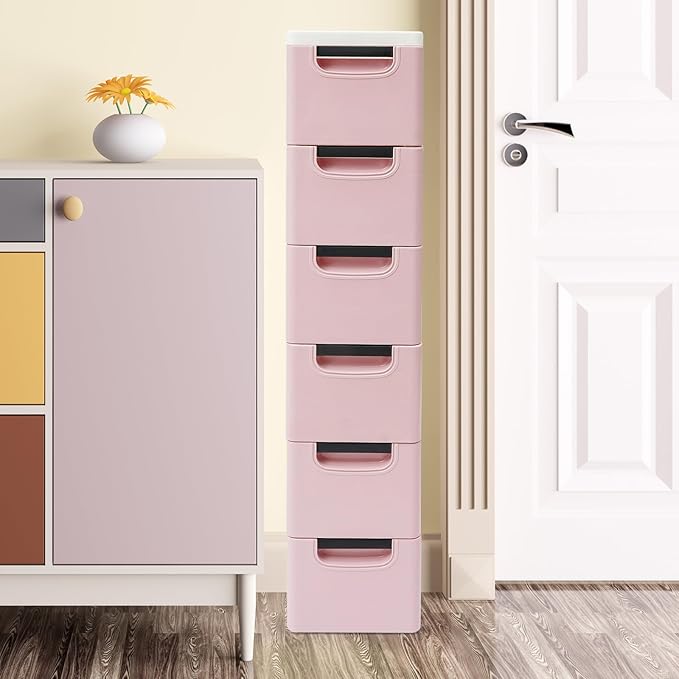 6 Drawers Storage Cabinet, Narrow Plastic Dresser, Rolling Organizer Cart, Mobile Slim Utility Cart on Wheels, Storage Drawer for Small Spaces (Light Pink)