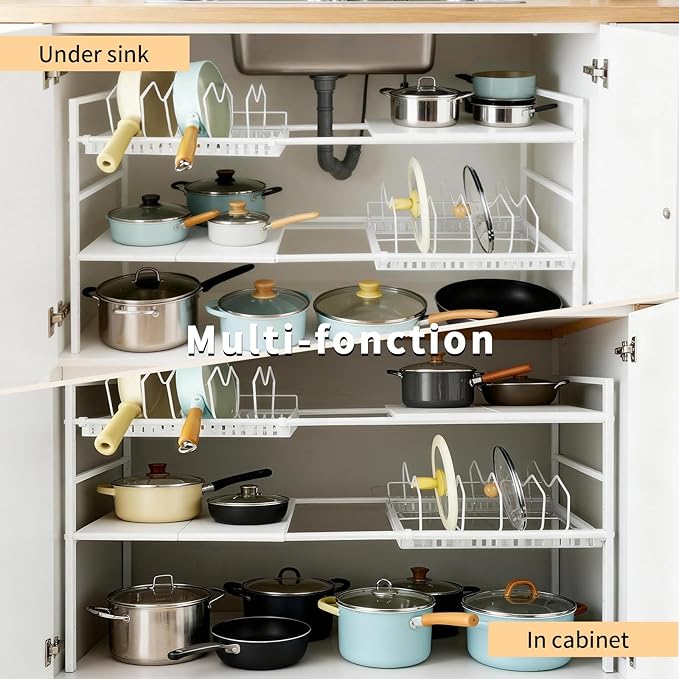 Pots and Pans Organizer Under Cabinet, Expandable Length, Adjustable Height Under Sink Shelf 2 Tier with 10 Dividers Under Sink Organizer, Pot and Pan Lid Holder Rack (White)