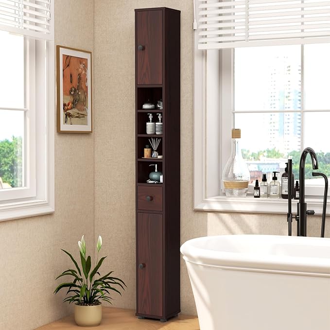 Giantex Slim Bathroom Storage Cabinet - Tall Narrow Floor Cabinet Cupboard with 2 Doors, 5 Adjustable Shelves, Drawer, Anti-Tipping Device, Thin Linen Tower Cabinet for Living Room, Reddish Brown