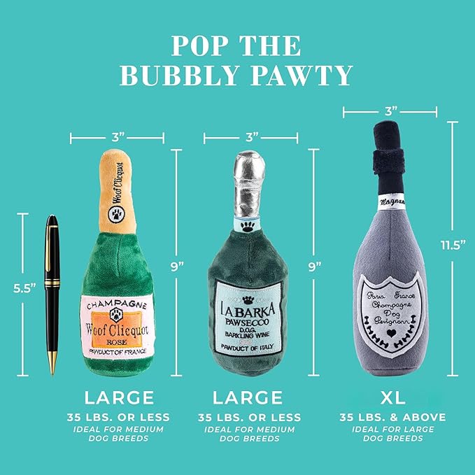 Haute Diggity Dog Pop The Bubbly Pawty Bundle, Plush Dog Toys for Small, Medium & Large Dogs, 3-Pack Durable Stuffed Champagne-Inspired Pet Toys with Interactive Squeaker, Machine-Washable & Safe