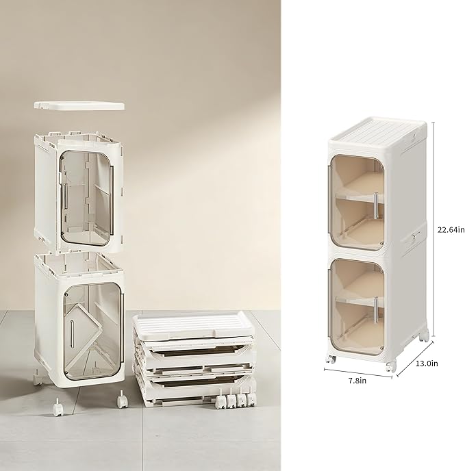 Narrow Storage Cabinet Slim Bathroom Storage Cabinet with Movable Wheels Tall Bathroom Organizer Skinny Cabinet for Small Spaces，2-Tier Beige
