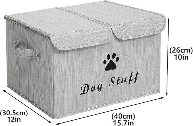 Geyecete Large Storage Boxes - Large Linen Fabric Foldable Storage Cubes Bin Box Containers with Lid and Handles for Dog Apparel & Accessories, Dog Toys(BambooGray)
