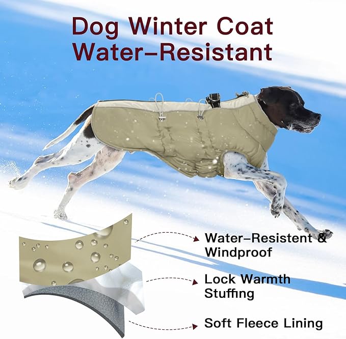Dog Coat - Large Dogs Winter Jacket, Warm Zip Up Snowsuit, Reflective, Water-Resistant, Beagle, Corgi, Apricot