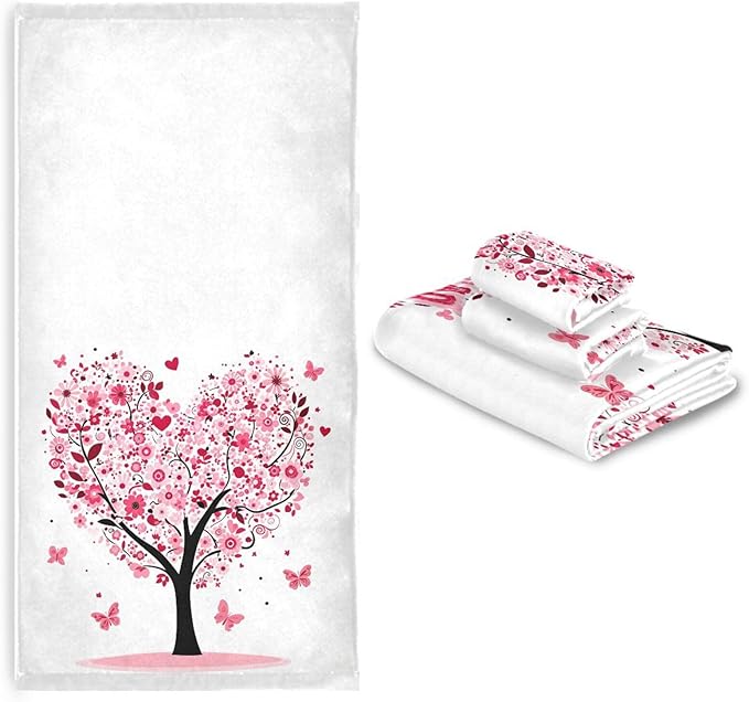 Pfrewn Pink Flowers Heart Tree Towels Set of 3 Romantic Love Spring Trees Butterfly Bathroom Towel Soft Absorbent Bath Hand Towels Washcloth Guest Towel Sets Mother's Valentine's Day Decorations
