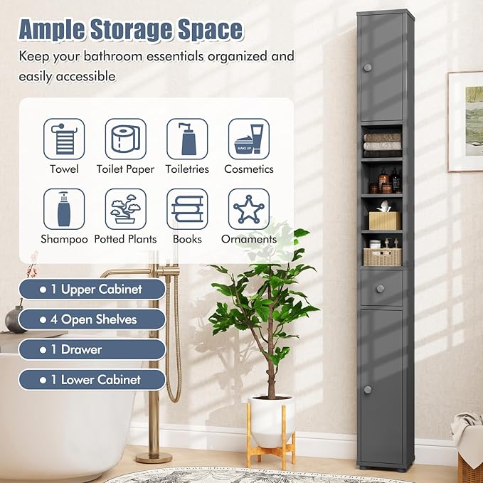 Giantex Slim Bathroom Storage Cabinet - 71” Tall Narrow Floor Cabinet Cupboard with 2 Doors, 5 Adjustable Shelves, 1 Drawer, Anti-Tipping Device, Thin Linen Tower Cabinet for Living Room (2, Grey)