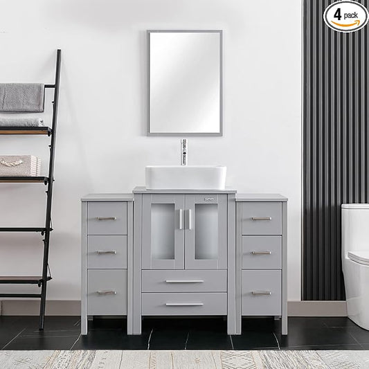 eclife 48" Modern Bathroom Vanity Sink Combo Freestanding Cabinet with Small Side Cabinet, White Rectangle Ceramic Vessel Sink, Water Save Faucet, Drain (Gray+T03)