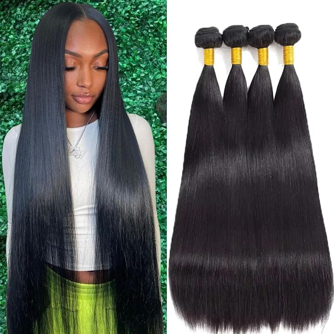 Selina Brazilian Virgin Human Hair Straight 4 Bundles 12 14 16 18 Inch Human Hair Brazilian Virgin Hair 100% Unprocessed Remy Hair Extensions Natural Black