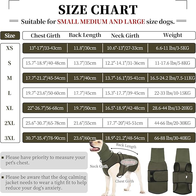 ROZKITCH Soft Dog Anxiety Jacket, Breathable Calming Vest for Storms, Fireworks & Separation, High Collar Design for Small to Large Dogs ArmyGreen XS