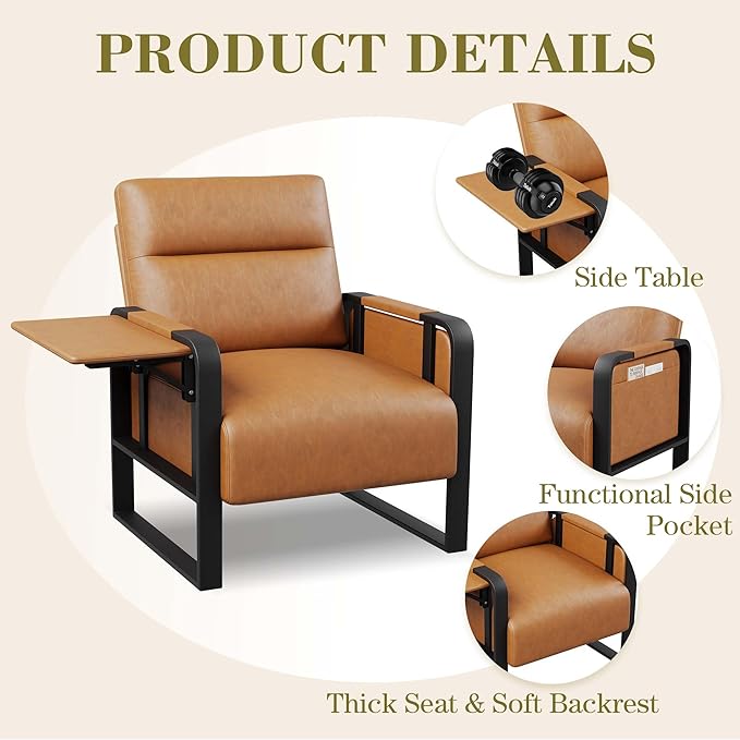 Brown PU Leather Accent Chairs Set of 2 with Side Table Modern Upholstered Armchair Leisure Side Chairs for Living Room Bedroom Office