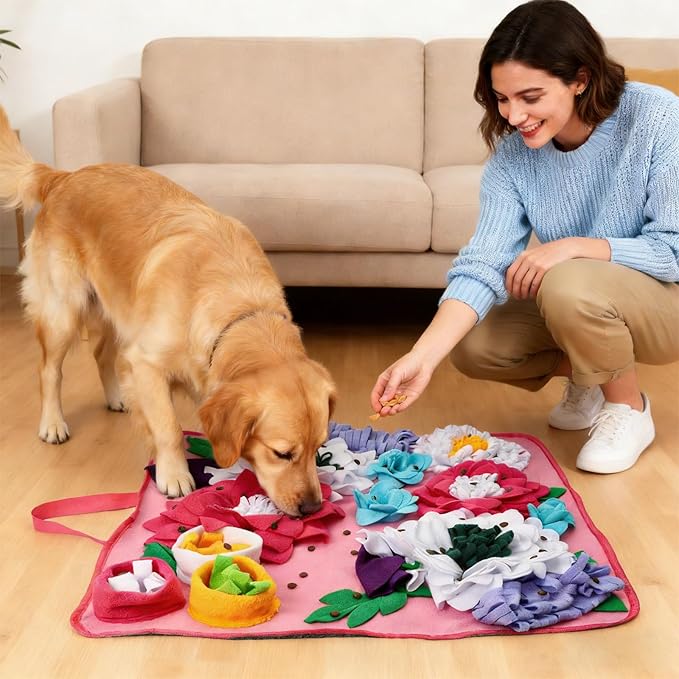 Vextronic Snuffle Mat for Dogs Large Breed Small Medium, 25''x25'' Sniff Mat for Dogs, Interactive Puzzle Foraging Mat, Dog Slow Feeder Mat, Encourages Natural Foraging Skills for Cats Rabbits Pink