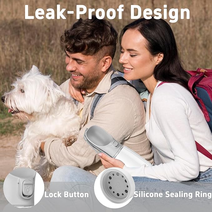 Portable Travel Dog Water Bottle with Bowl, Leak Proof, Convenient for Walking, Hiking and Camping (Gray, 12oz)
