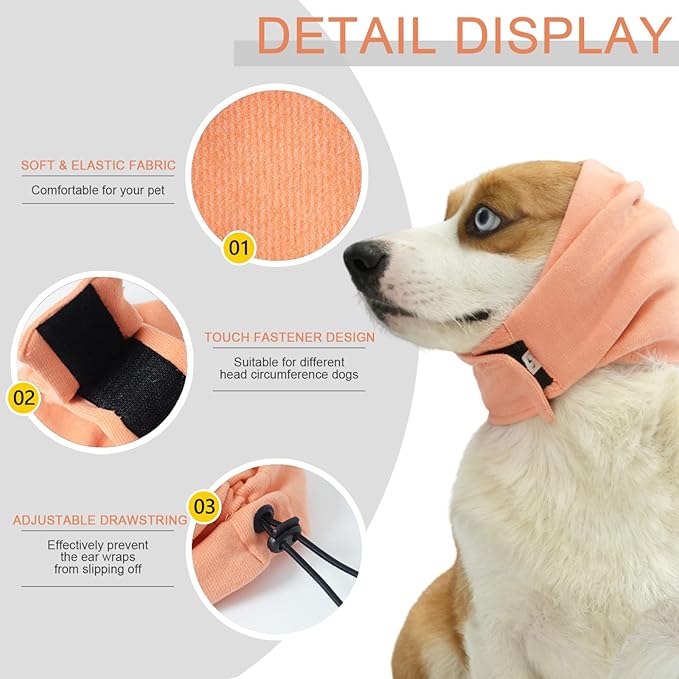 Ear Muffs for Dogs,Warm Winter Head Wrap Calming Hoodie,No Shake Anxiety Relief Pet Covers Ear Noise Protection Vest for Dogs Thunder Fireworks,Vet Visits,Grooming(Orange,S)