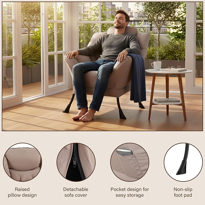 Welnow Lazy Chair for Living Room, Modern Reading Lounge Accent Chair with Armrests and a Side Pocket, Leisure Upholstered Lazy Sofa for Small Space, Bedroom, Dorm, Khaki