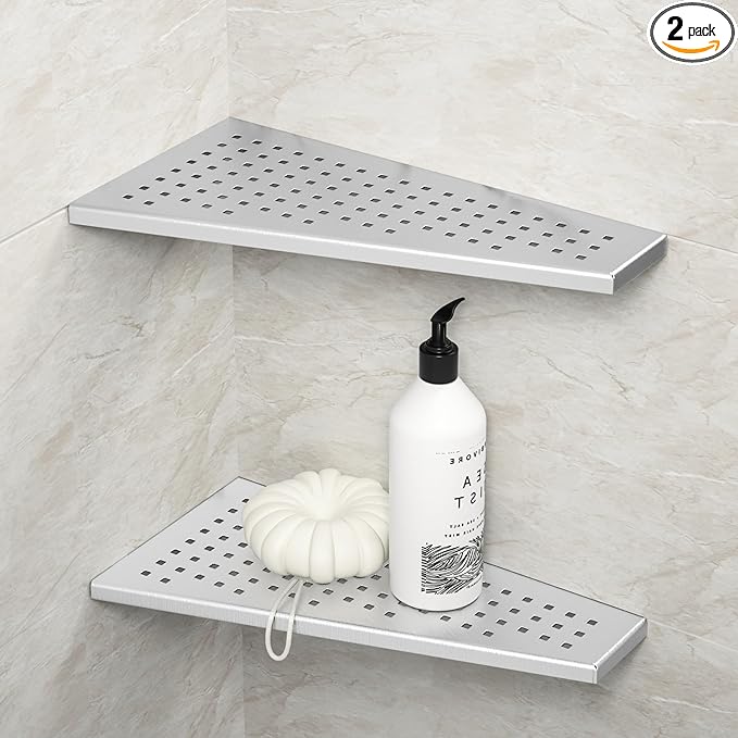Corner Shower Shelf, 12" Trapezoid Grout in Shelf, 304 Stainless Steel Grid Design Recessed Bathroom Shelf for Tiled Wall