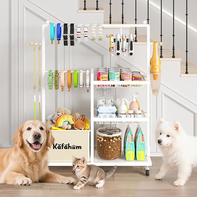 KAFAHOM Dog Toy Basket, Basket For Dog Toys Living Room, The Stuff For Dogs, Cat Toy Box, Dog Toy Bin, Toy Chest Storage, All-in-One Pet Supplies Organizer with Leash Hanging Rail and Locking Casters