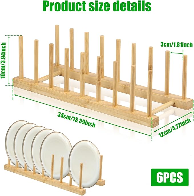 6 Pack Bamboo Dish Dying Rack 8-Slot Wooden Plate Stand Holder Pot Lid Organizer Home Kitchen Cabinet Drainer Storage Racks for Dish, Pots, Lids, Bowls, Cups, Cutting Boards, Books