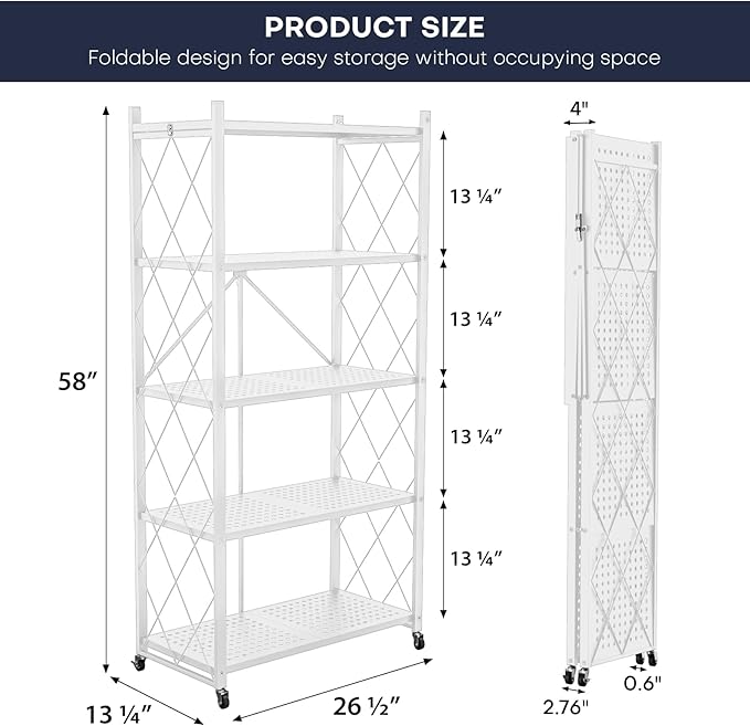 5-Tier Foldable Storage Shelf with Wheels | Metal Rack Collapsible Shelving Display | Rolling Cart for Books Kitchen Storage Shelves | Pantry & Closet Organizer | Office Room Decor