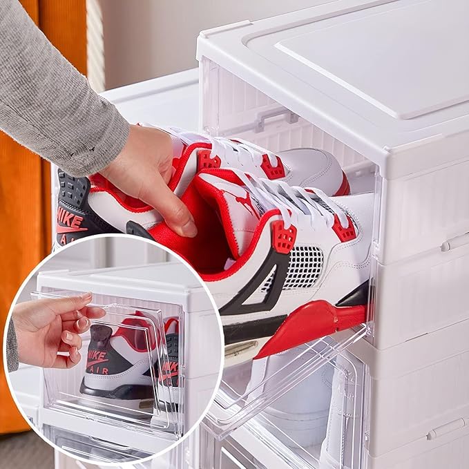 Drop Front Shoe Storage Box, No Assembly Stackable Shoe Organizer Storage Bin with Clear Door, Free Standing Shoe Shelf Cabinet with Lid, Plastic Shoe Rack for Closet Entryway, 6-Tier