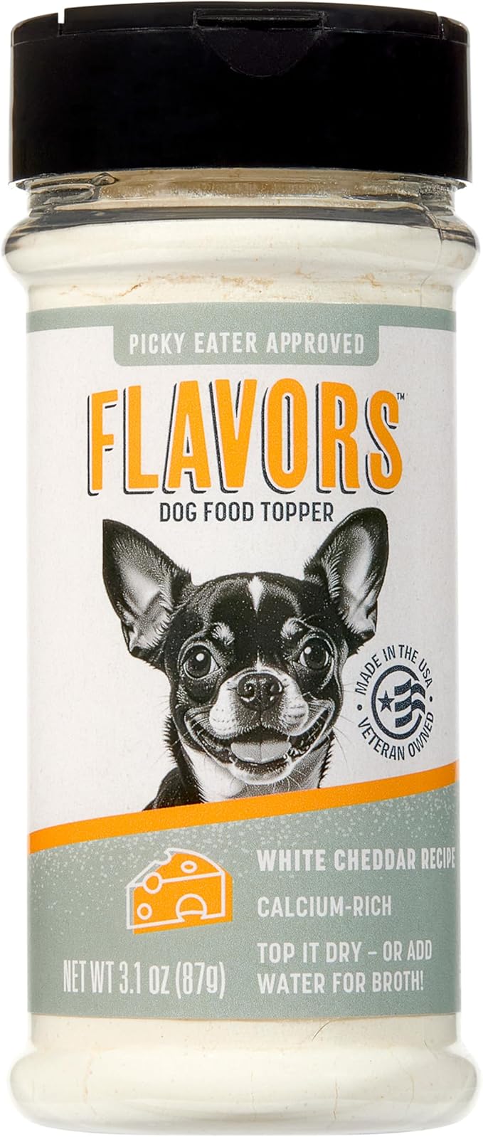 Flavors Food Topper for Dogs, Delicious Seasoning for Dog Food, Natural, Grain-Free Kibble Seasoning and Treat Mix for Picky Dogs and Puppies, White Cheddar Recipe, 3.1-Ounce