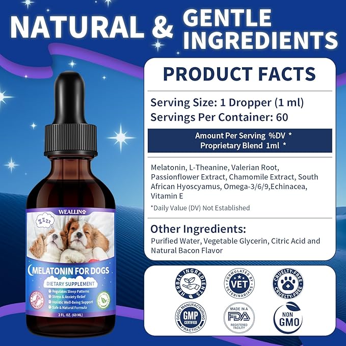 Melatonin for Dogs with L-Theanine & Chamomile | Anxiety Relief & Calming, Relaxation & Sleep Support Liquid Dog Melatonin | Fast-Absorbing & Bacon Flavor (2 PCS)