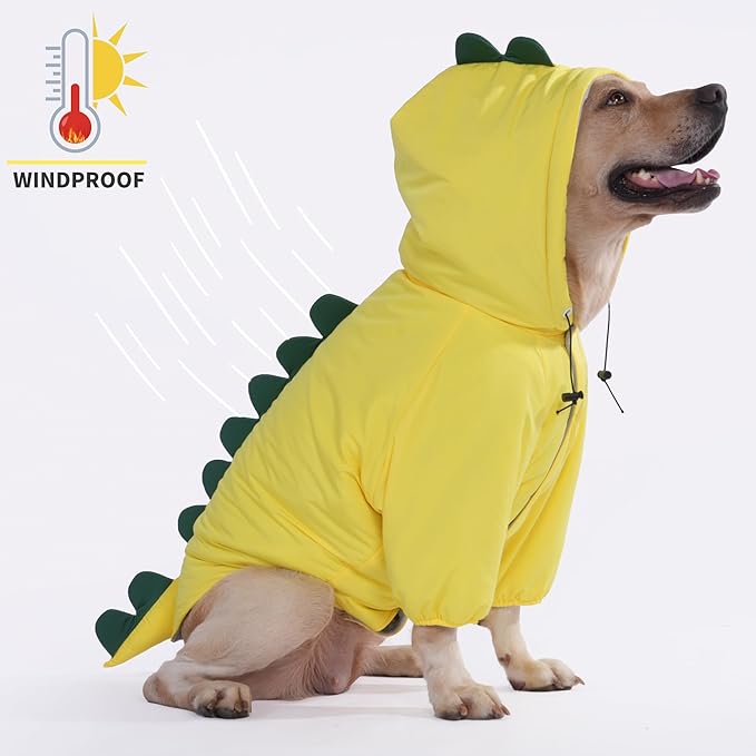 LovinPet Dog Warm Coat with Hood – Medium & Large Dinosaur Hoodie Winter Jacket for Cold Weather, Yellow & Green Coat for Large Dogs, L